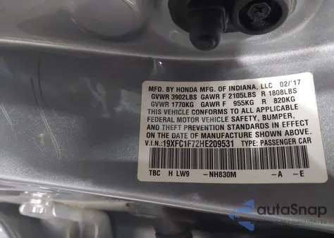 2017 Honda Civic Ex-L from USA, damaged, VIN 19XFC1F72HE209531